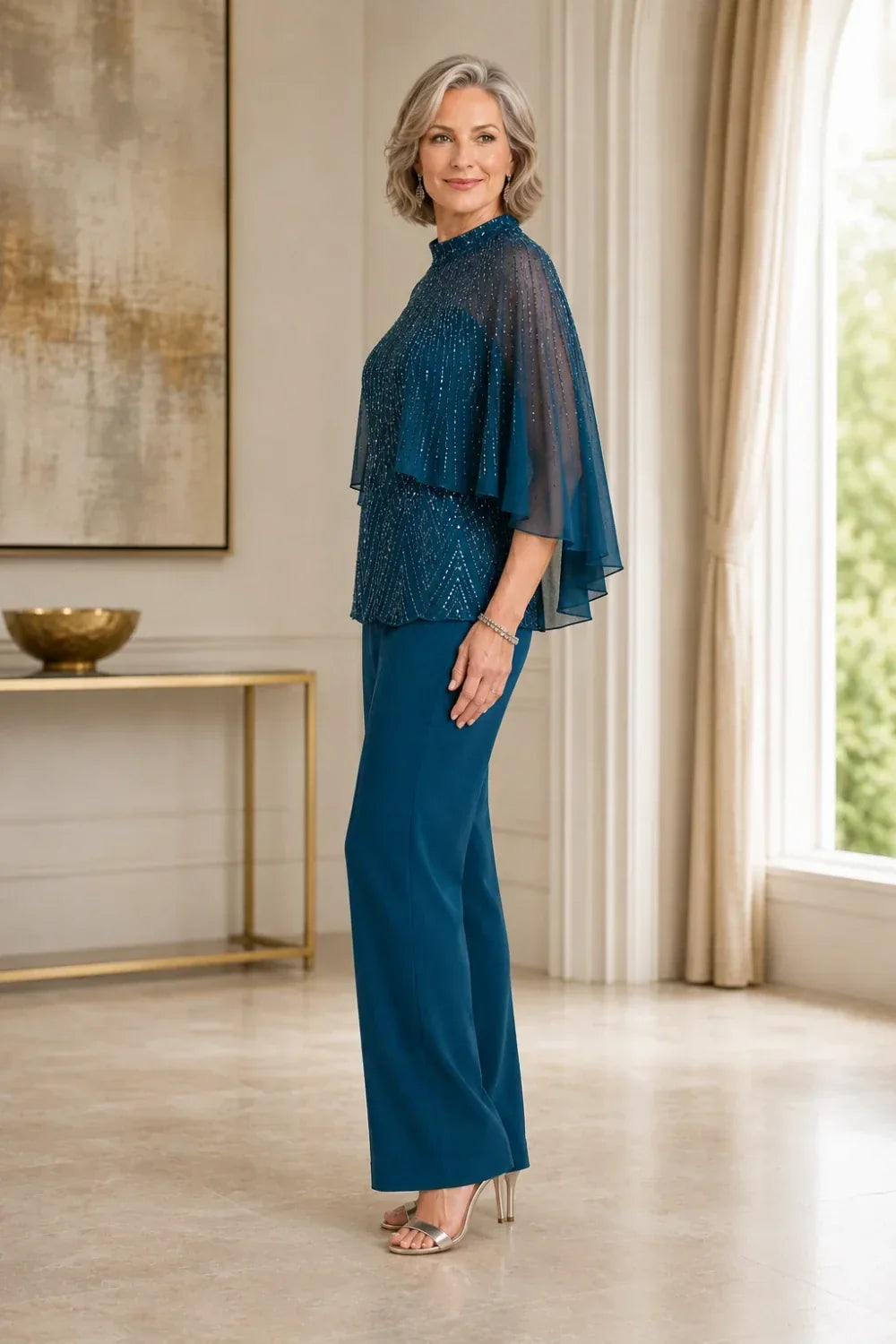 Sequin Mesh Capelet Trouser Suit with High Neck