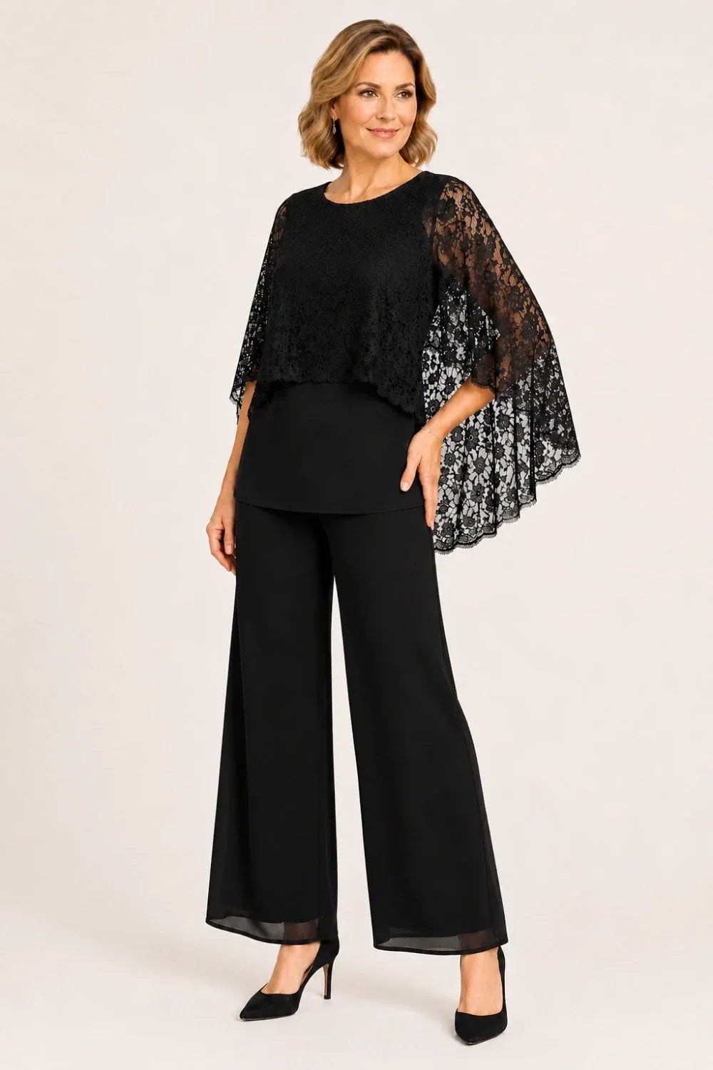 Cape Mother of the Bride Trouser Suit with Wide Legs
