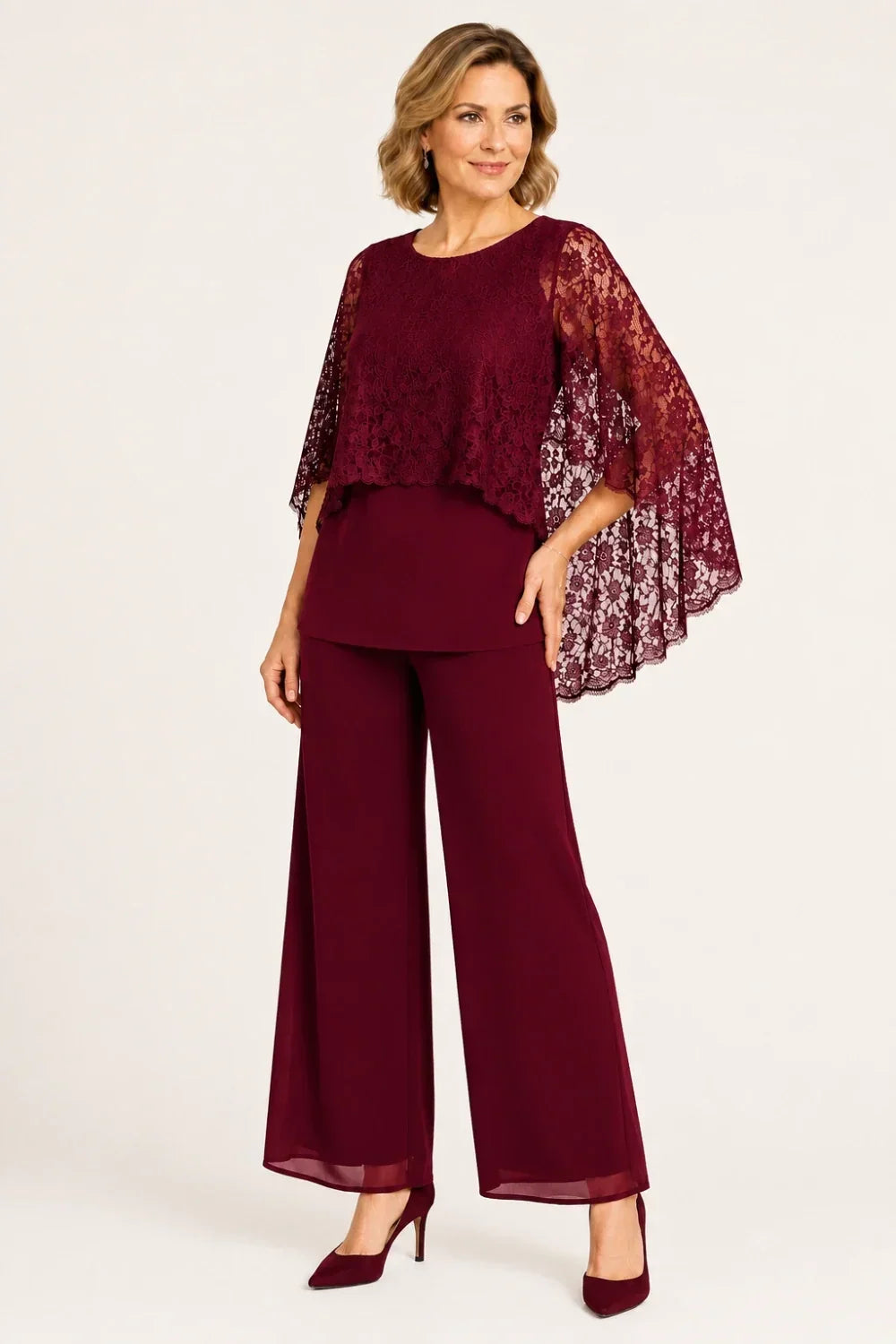 Cape Mother of the Bride Trouser Suit with Wide Legs