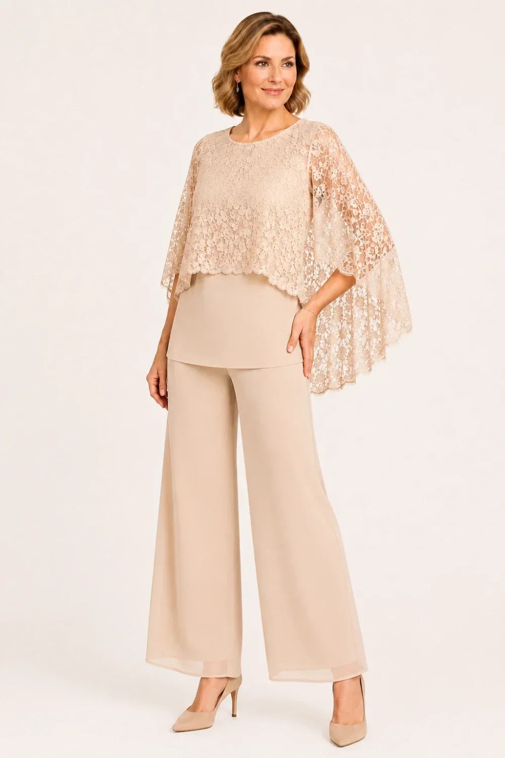 Cape Mother of the Bride Trouser Suit with Wide Legs