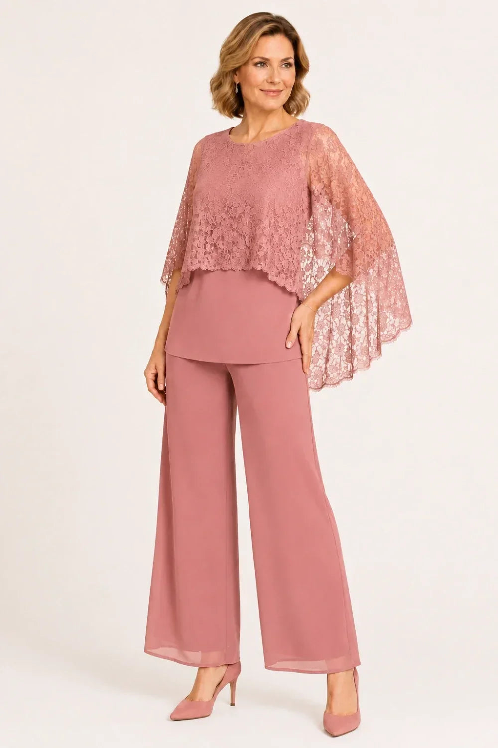 Cape Mother of the Bride Trouser Suit with Wide Legs