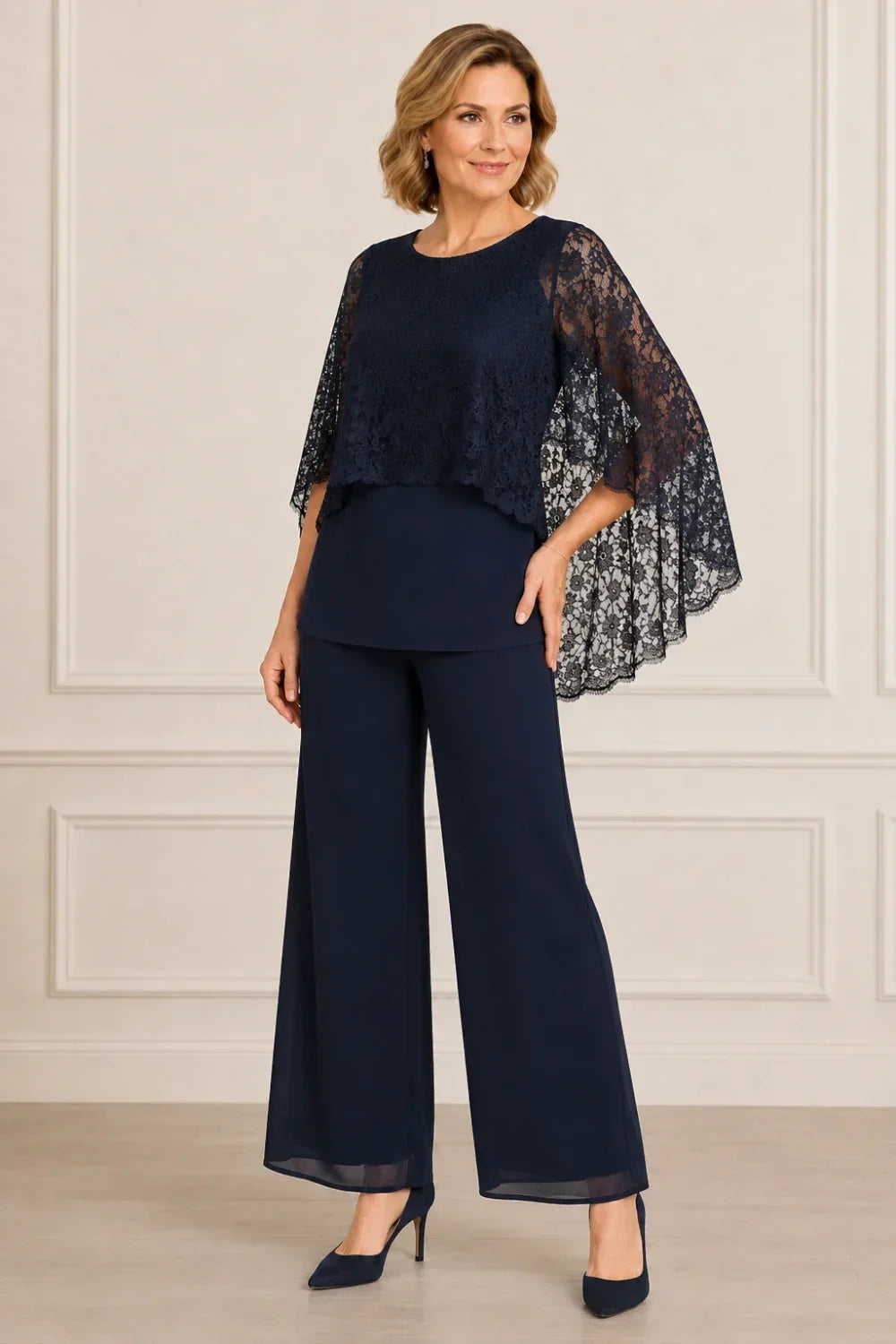 Cape Mother of the Bride Trouser Suit with Wide Legs
