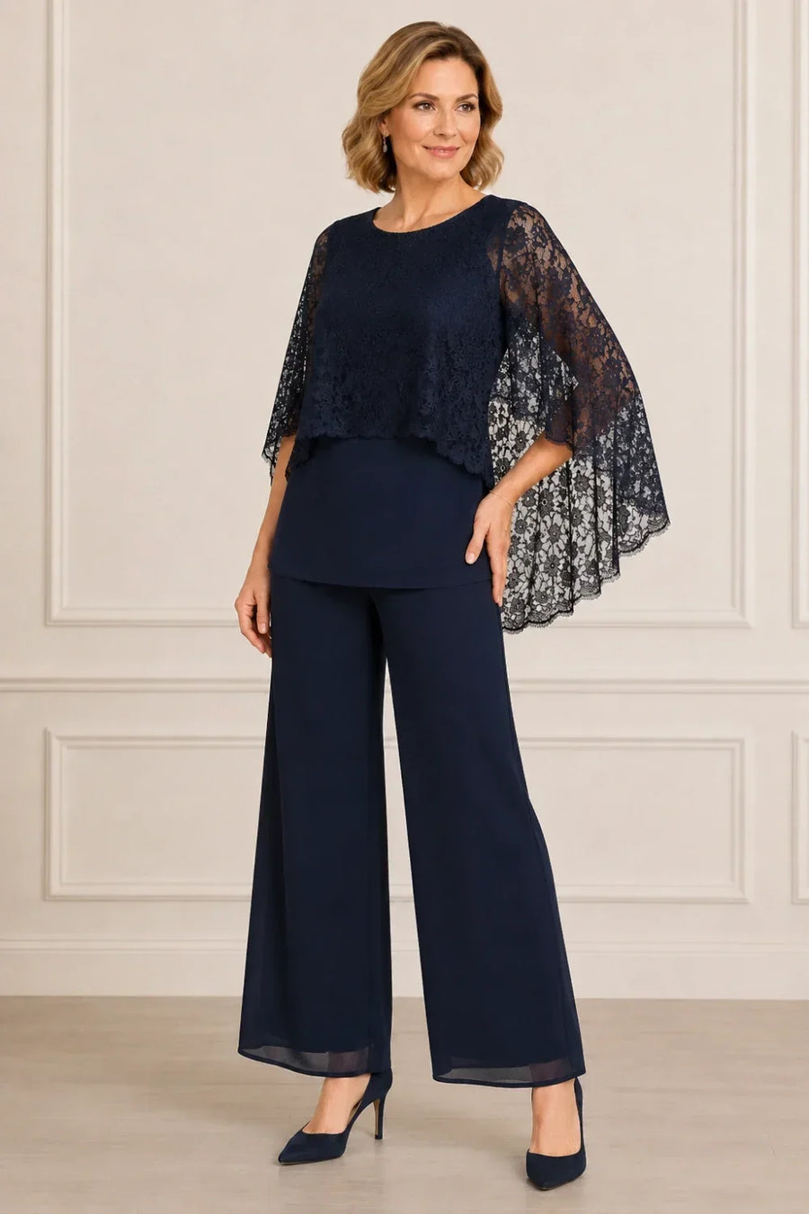 Cape Mother of the Bride Trouser Suit with Wide Legs