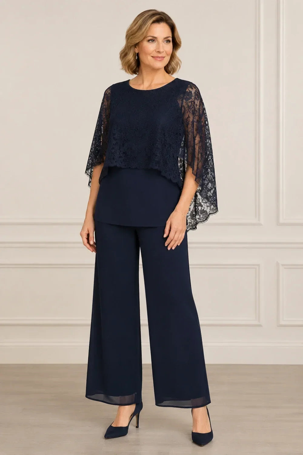 Cape Mother of the Bride Trouser Suit with Wide Legs