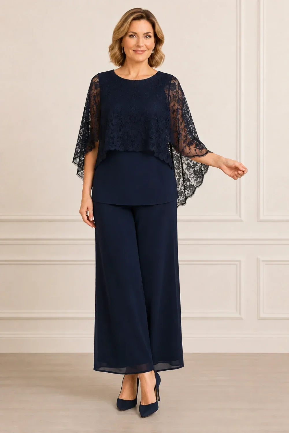 Cape Mother of the Bride Trouser Suit with Wide Legs