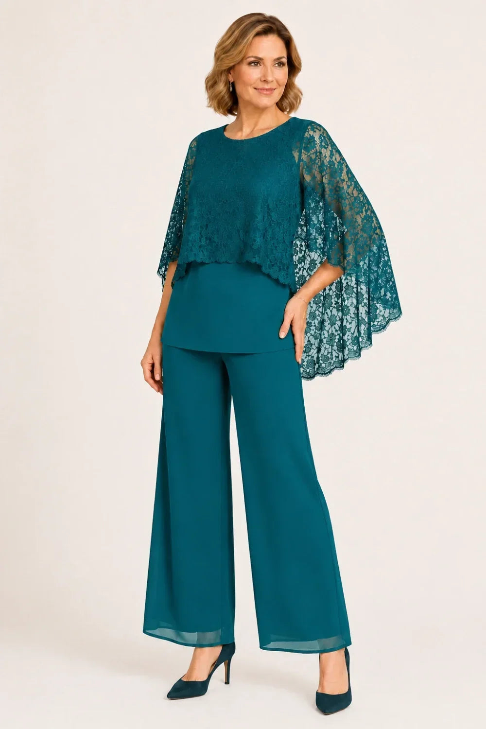 Cape Mother of the Bride Trouser Suit with Wide Legs