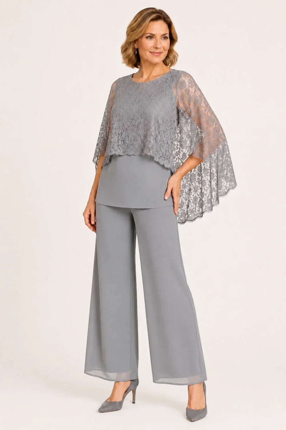 Cape Mother of the Bride Trouser Suit with Wide Legs