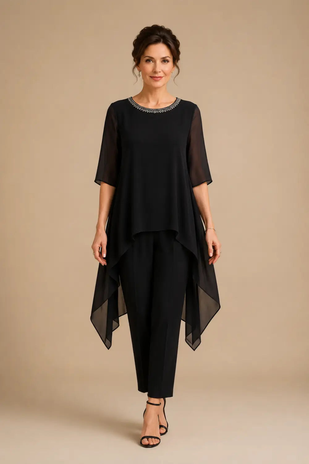 Layered Capelet Trouser Suit with Wide-Leg Trousers