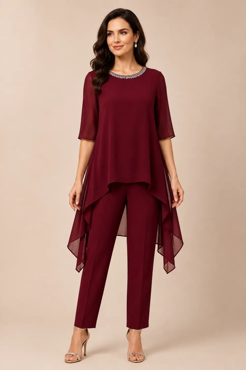Layered Capelet Trouser Suit with Wide-Leg Trousers
