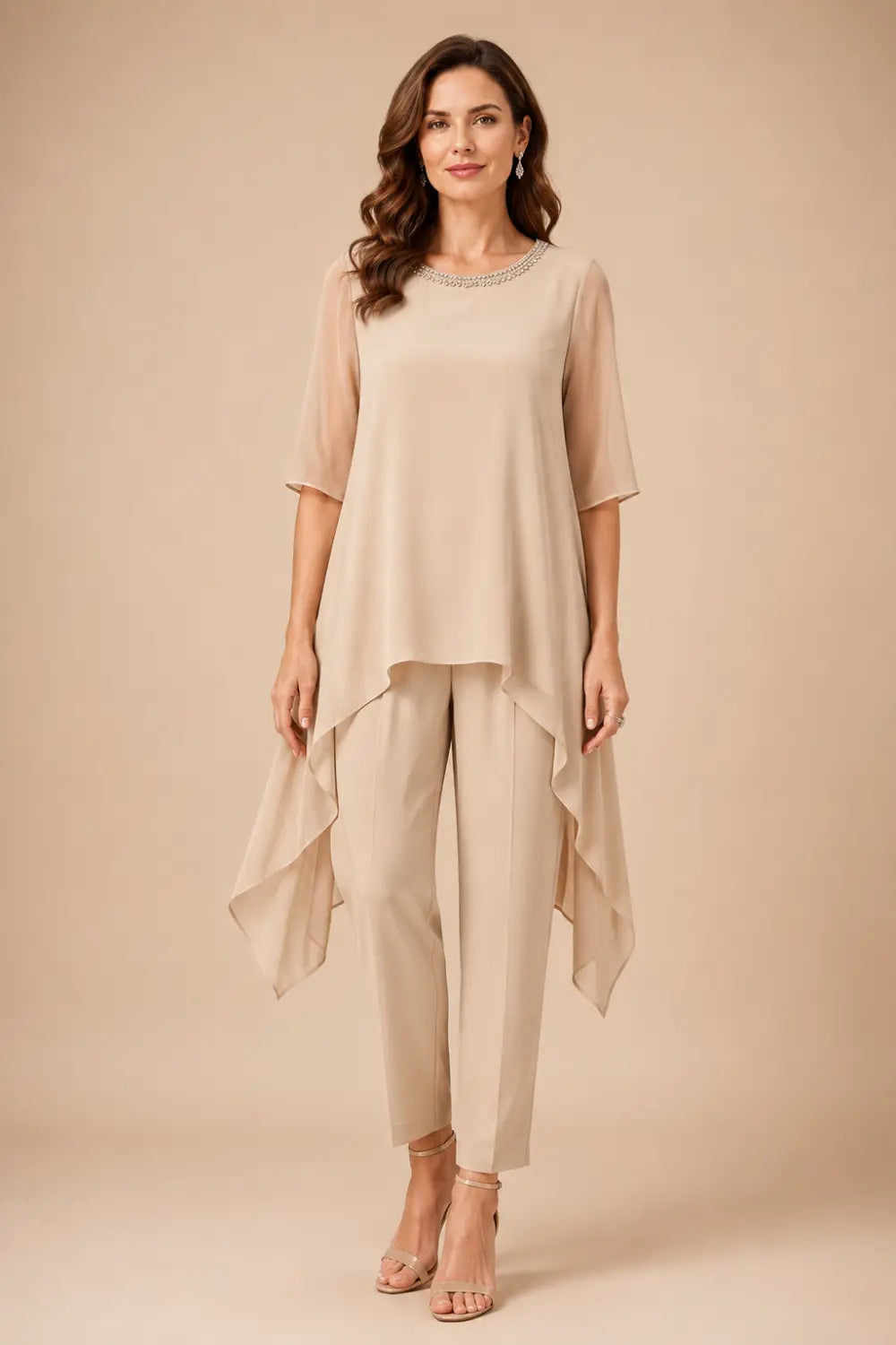 Layered Capelet Trouser Suit with Wide-Leg Trousers