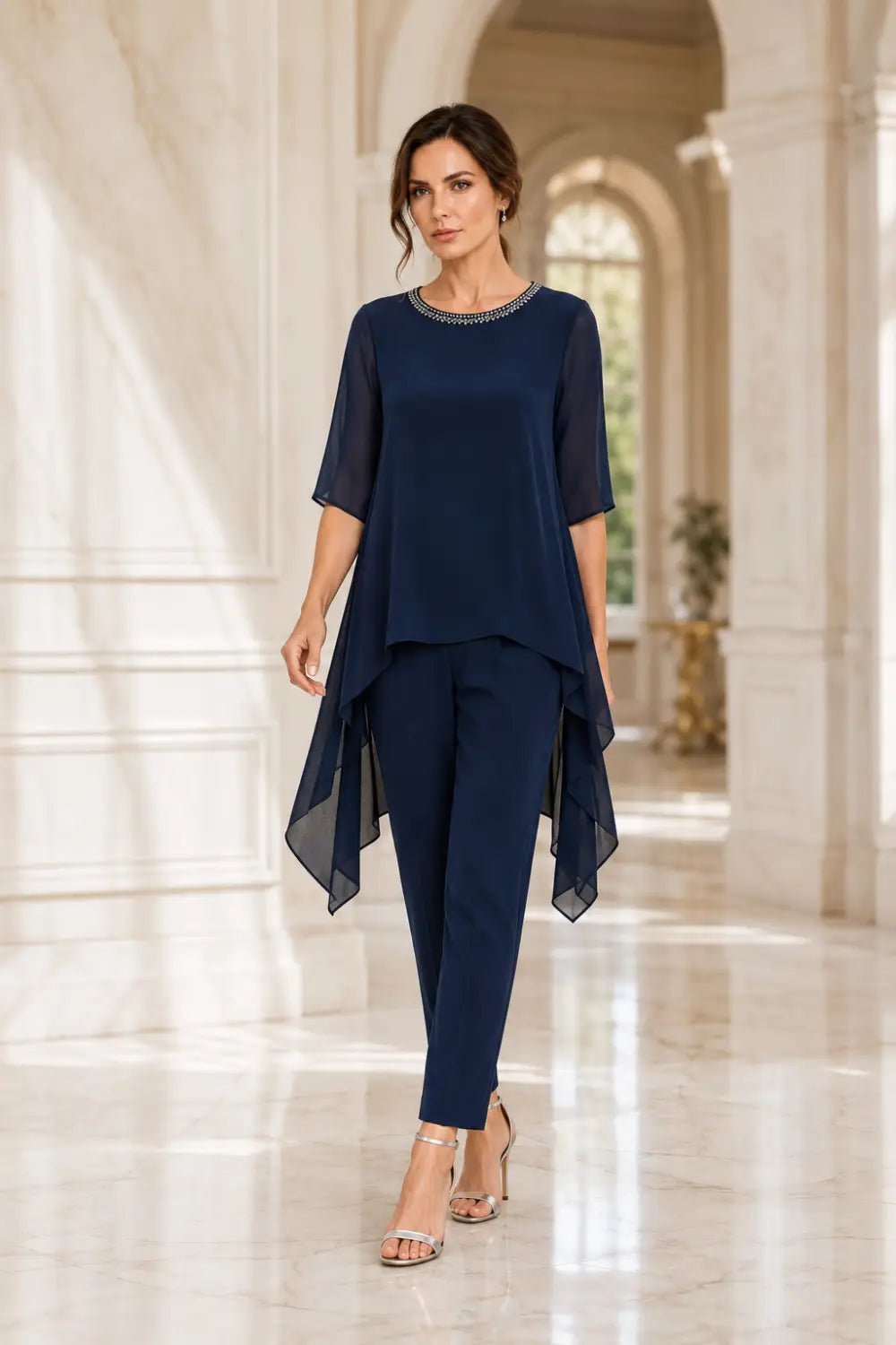 Layered Capelet Trouser Suit with Wide-Leg Trousers