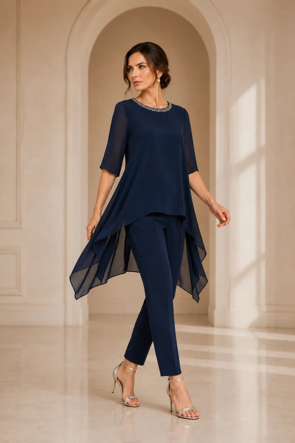 Layered Capelet Trouser Suit with Wide-Leg Trousers