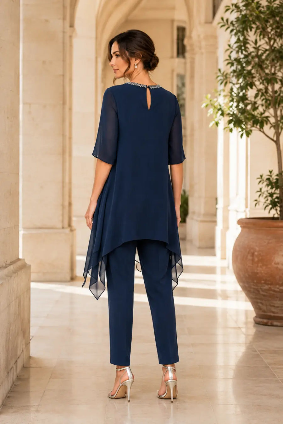 Layered Capelet Trouser Suit with Wide-Leg Trousers