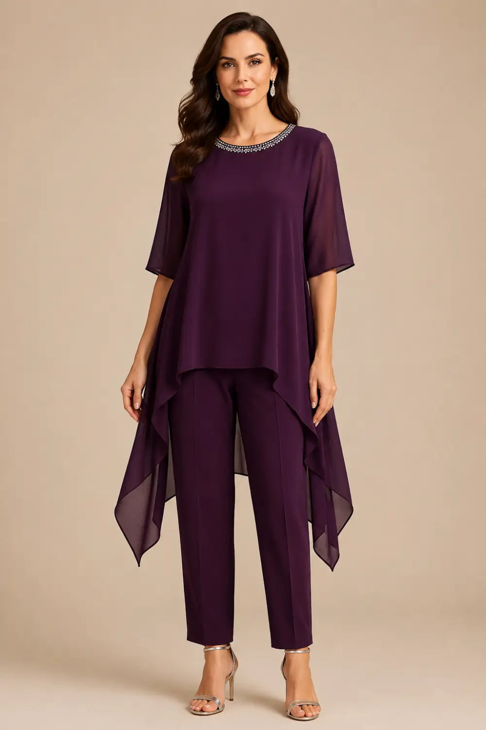 Layered Capelet Trouser Suit with Wide-Leg Trousers
