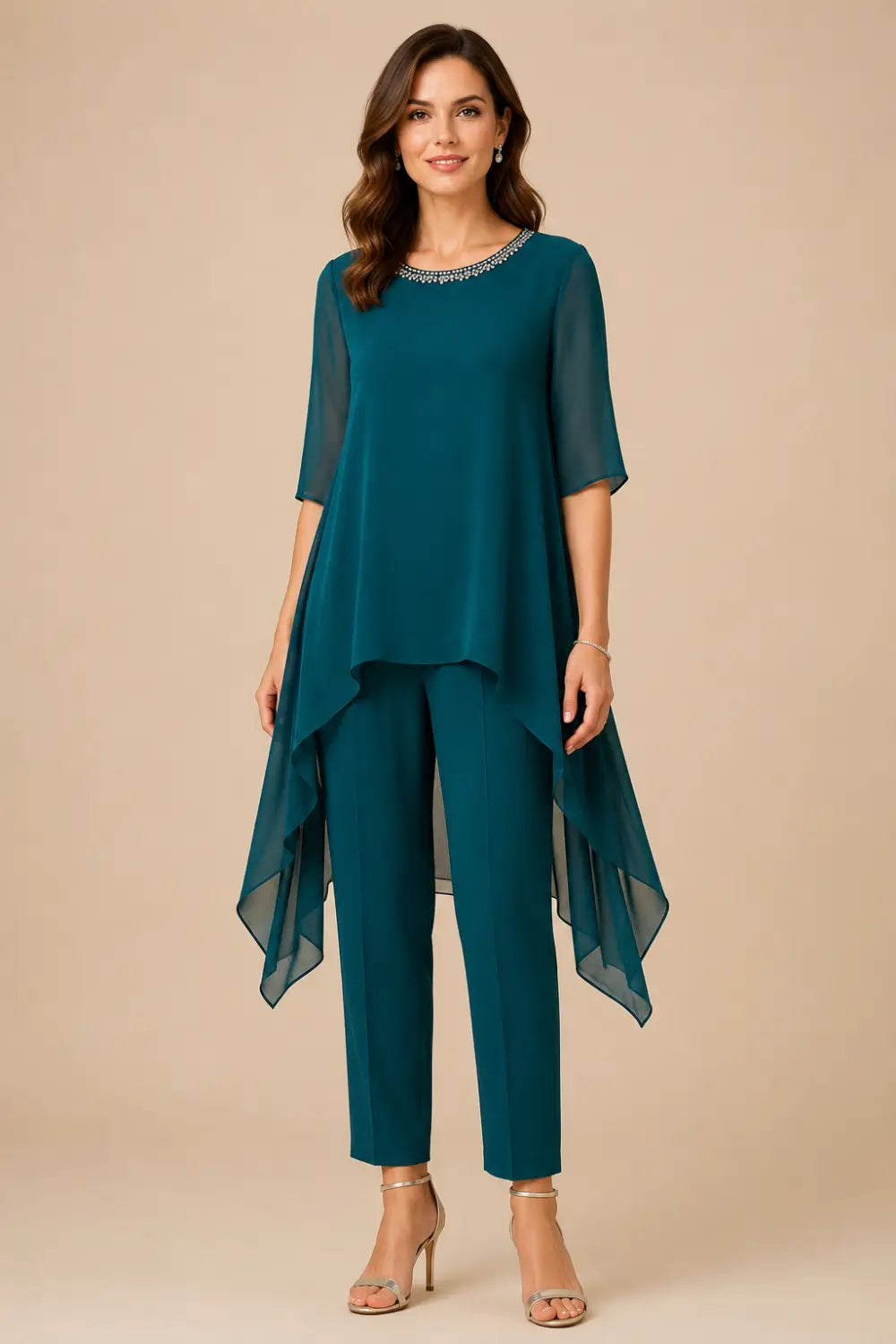 Layered Capelet Trouser Suit with Wide-Leg Trousers