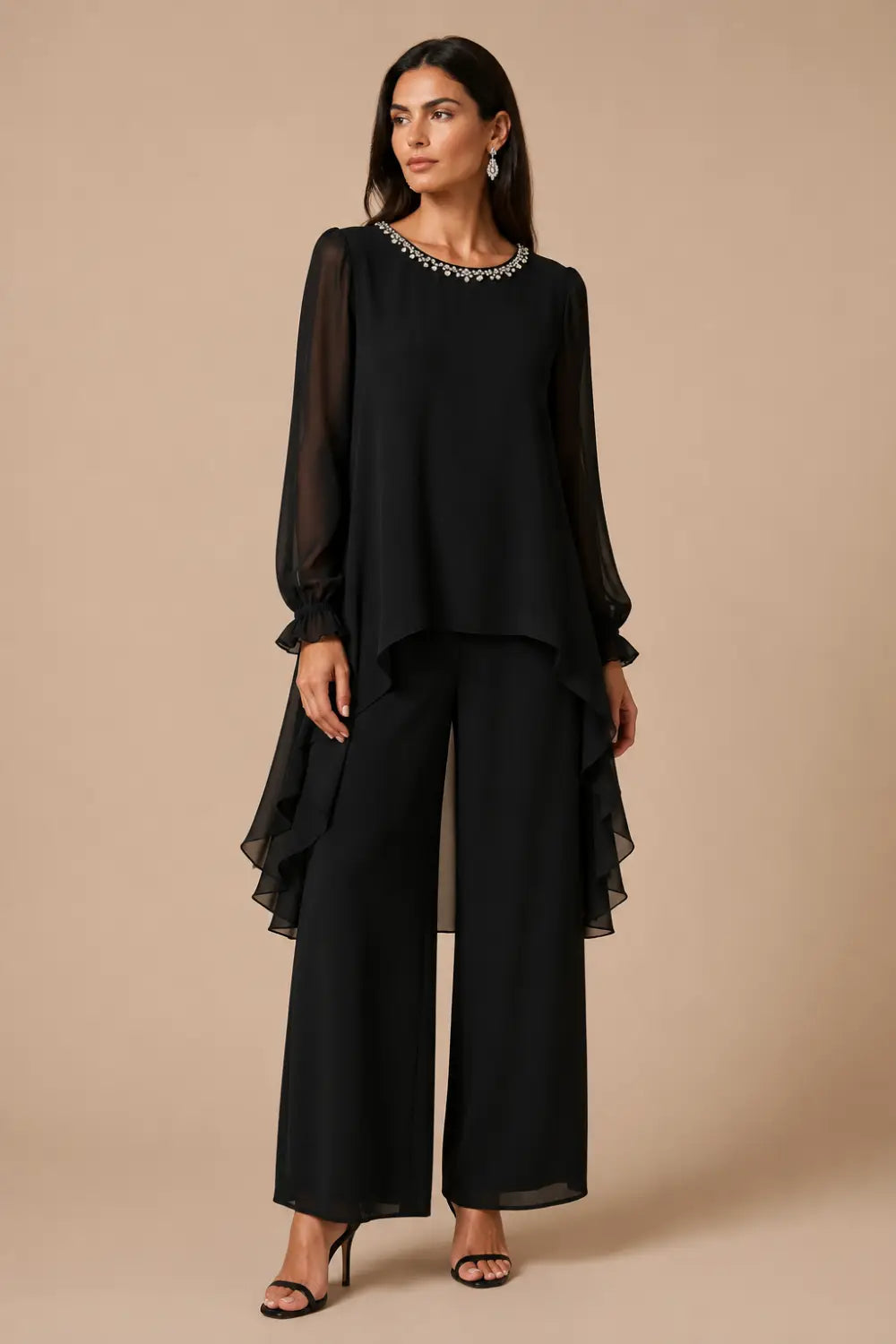 Ruffled Capelet Trouser Suit with Wide-Leg Trousers