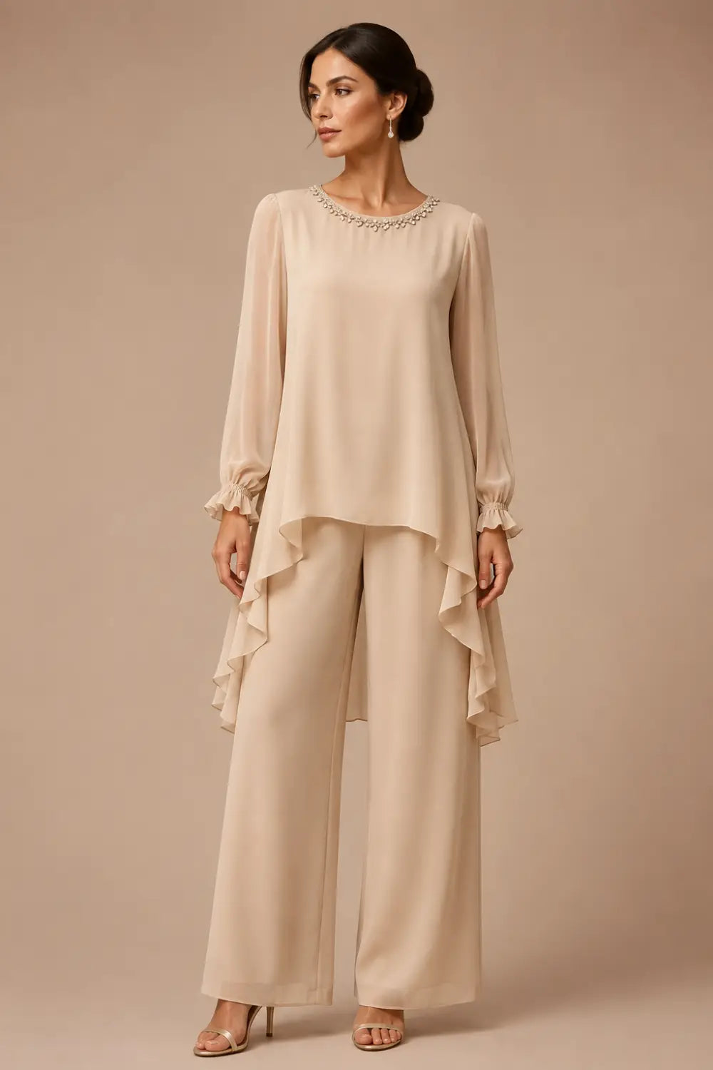 Ruffled Capelet Trouser Suit with Wide-Leg Trousers