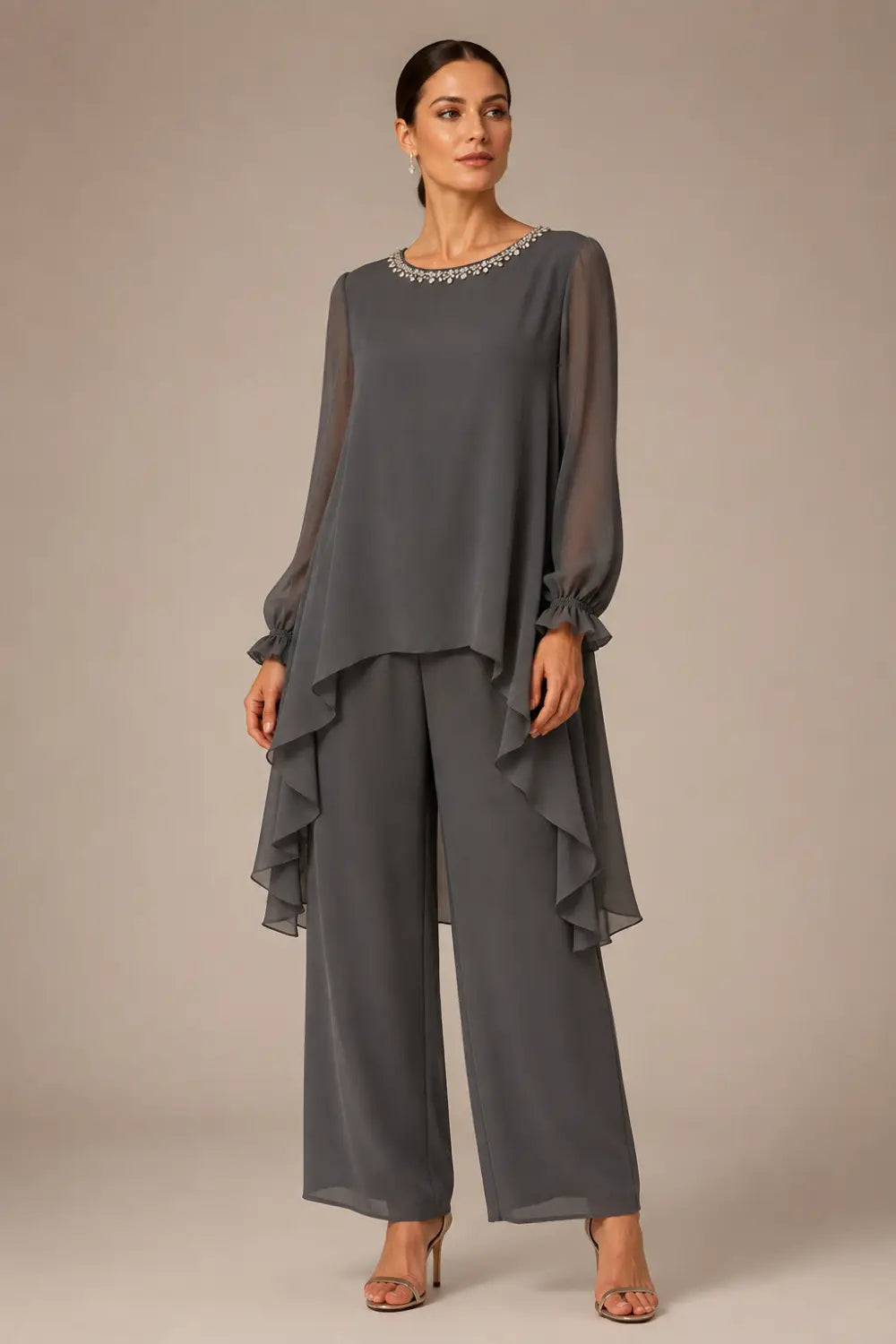 Ruffled Capelet Trouser Suit with Wide-Leg Trousers