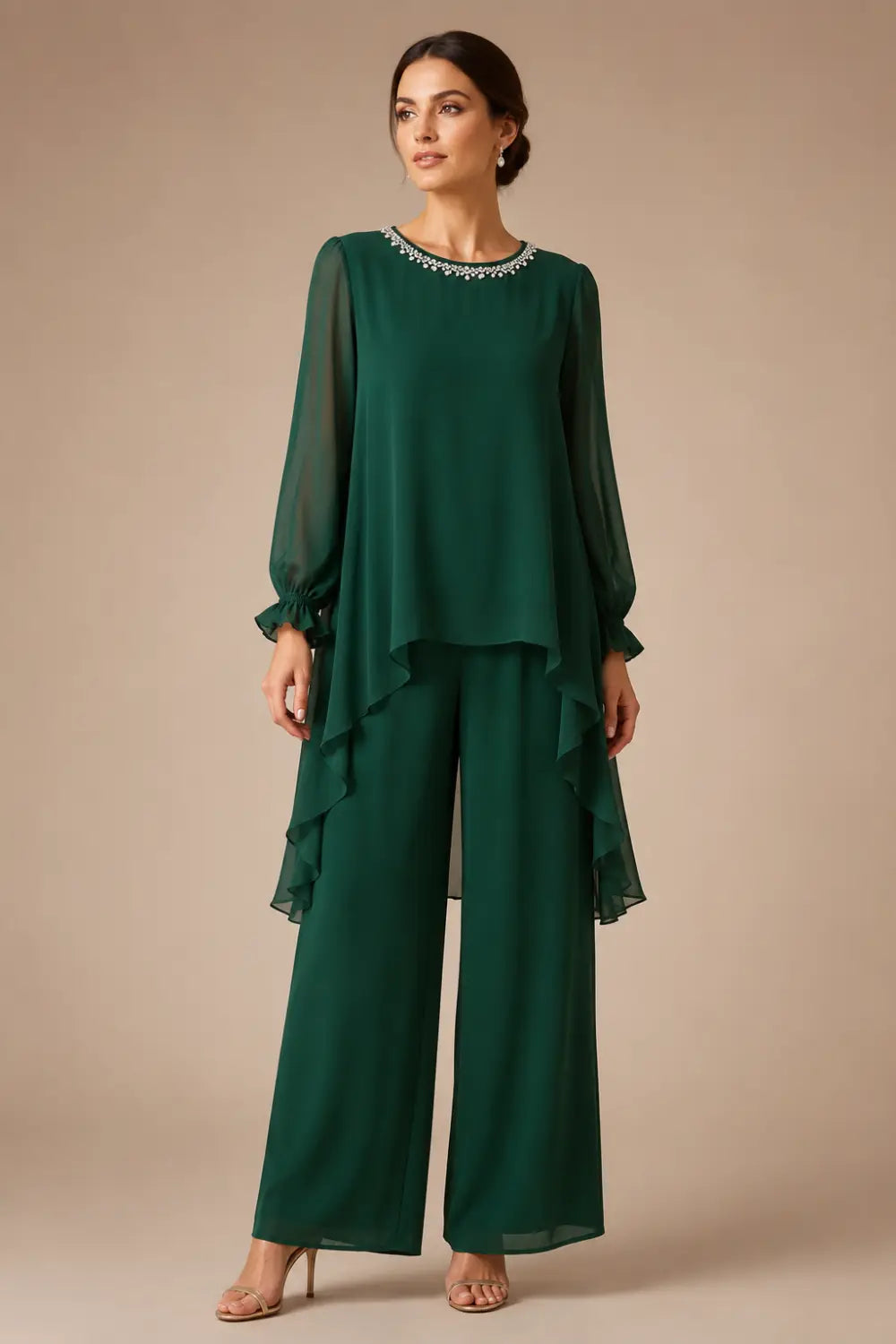 Ruffled Capelet Trouser Suit with Wide-Leg Trousers