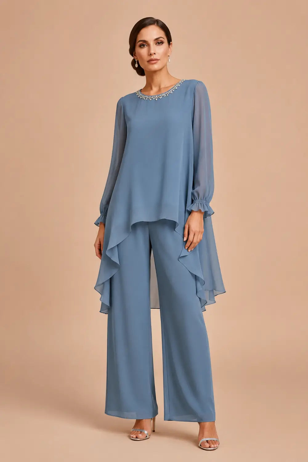 Ruffled Capelet Trouser Suit with Wide-Leg Trousers