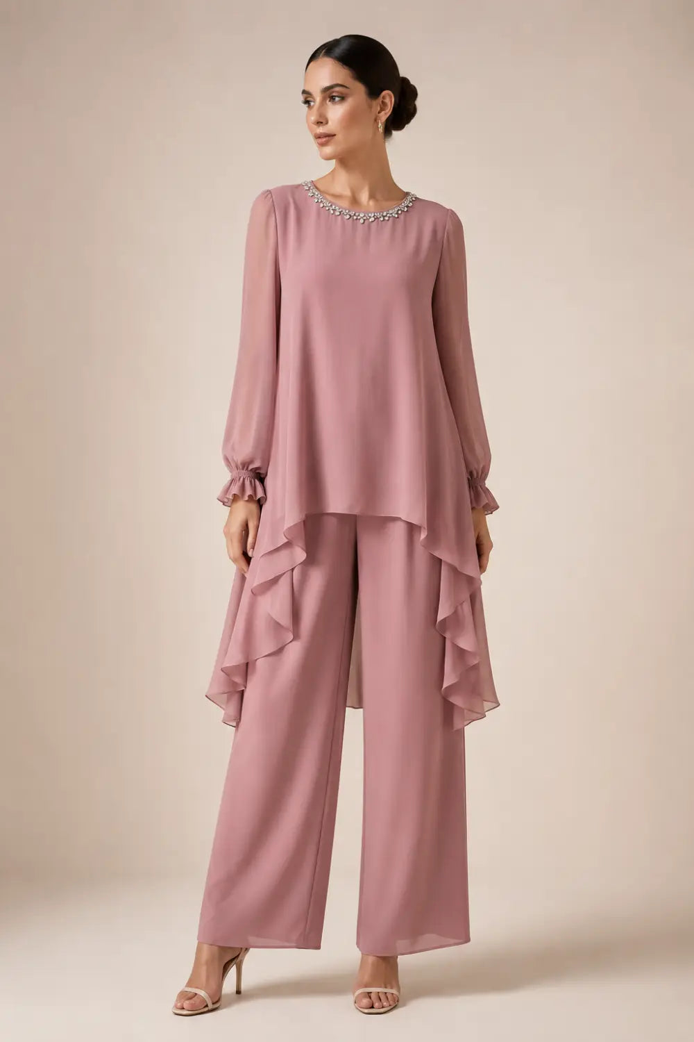 Ruffled Capelet Trouser Suit with Wide-Leg Trousers