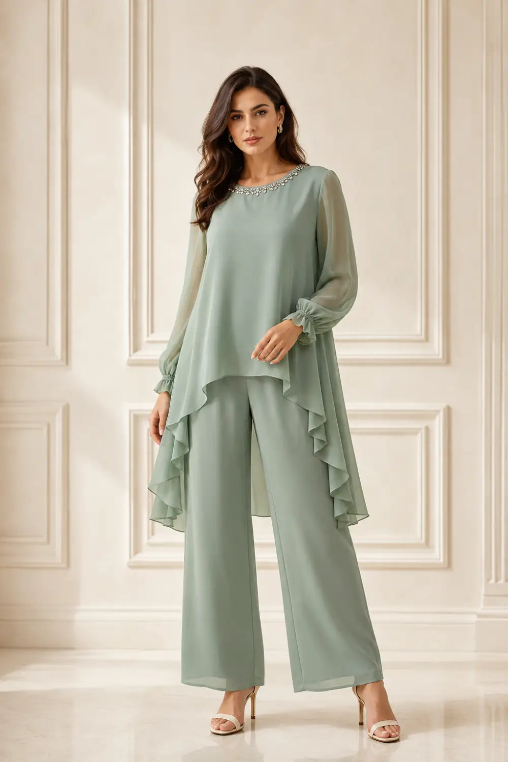 Ruffled Capelet Trouser Suit with Wide-Leg Trousers