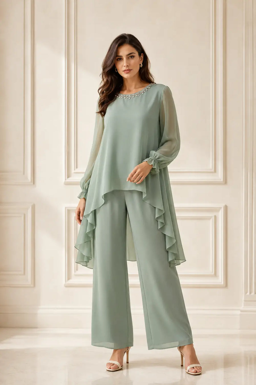 Ruffled Capelet Trouser Suit with Wide-Leg Trousers