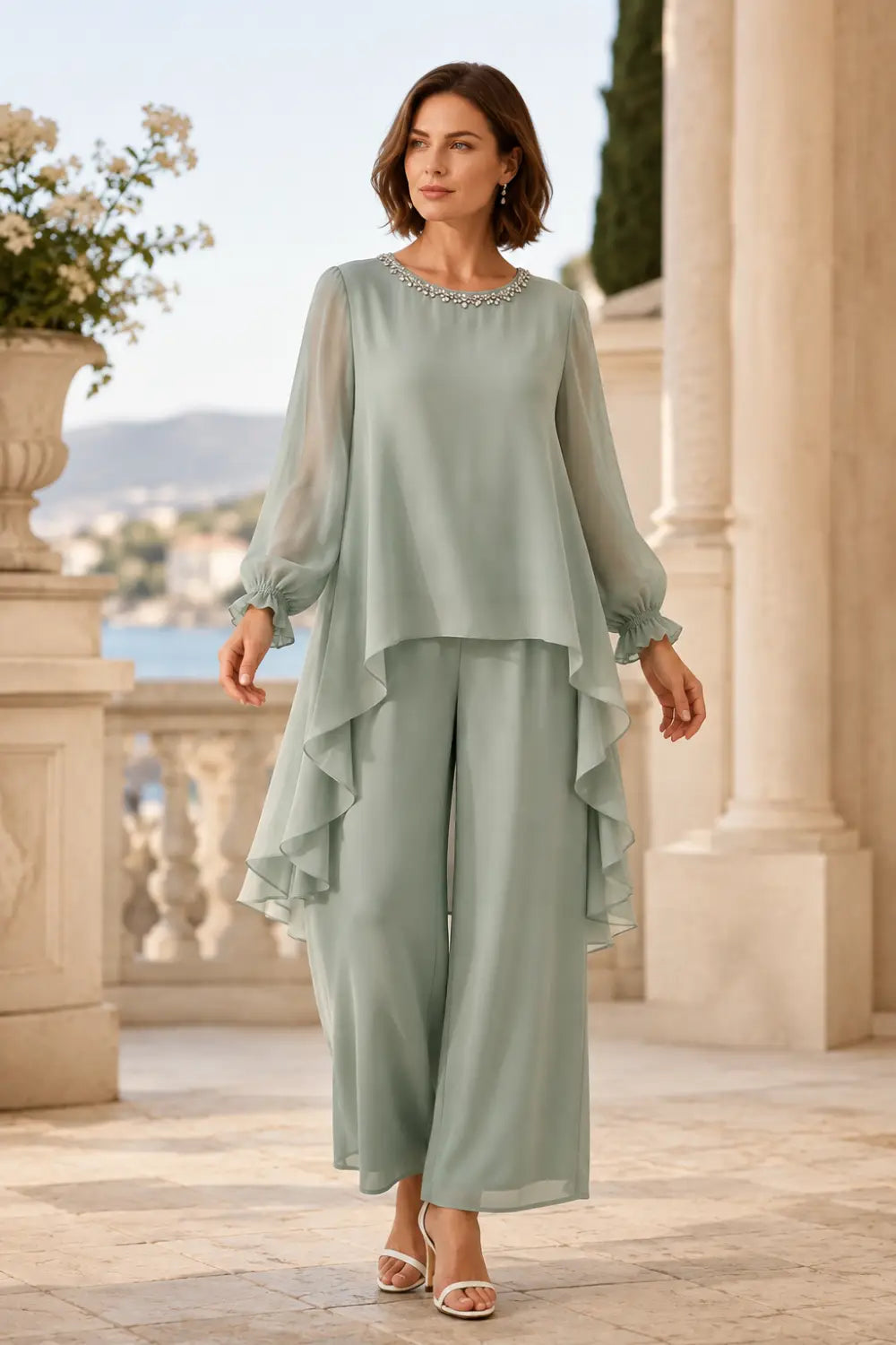 Ruffled Capelet Trouser Suit with Wide-Leg Trousers