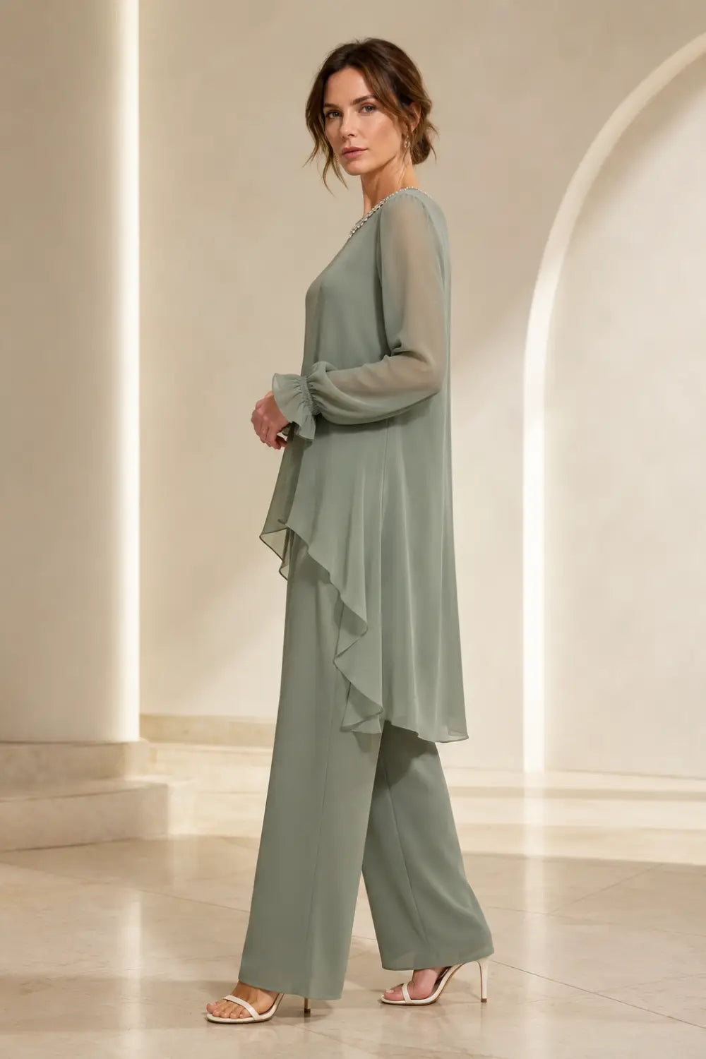 Ruffled Capelet Trouser Suit with Wide-Leg Trousers