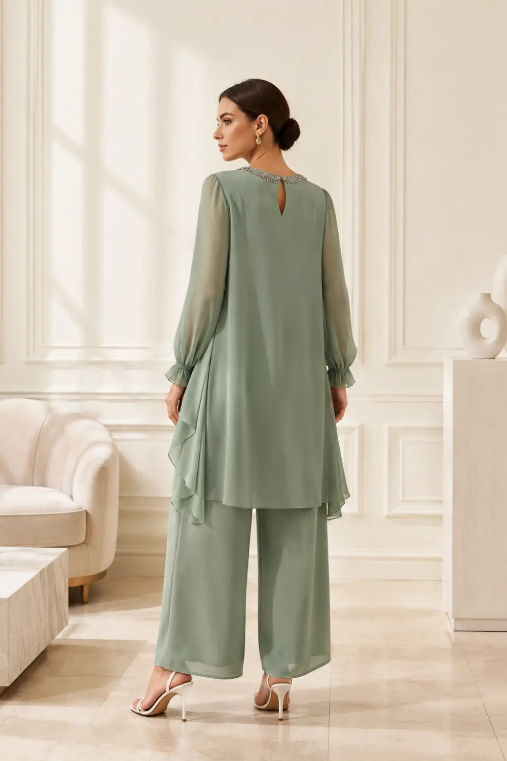 Ruffled Capelet Trouser Suit with Wide-Leg Trousers