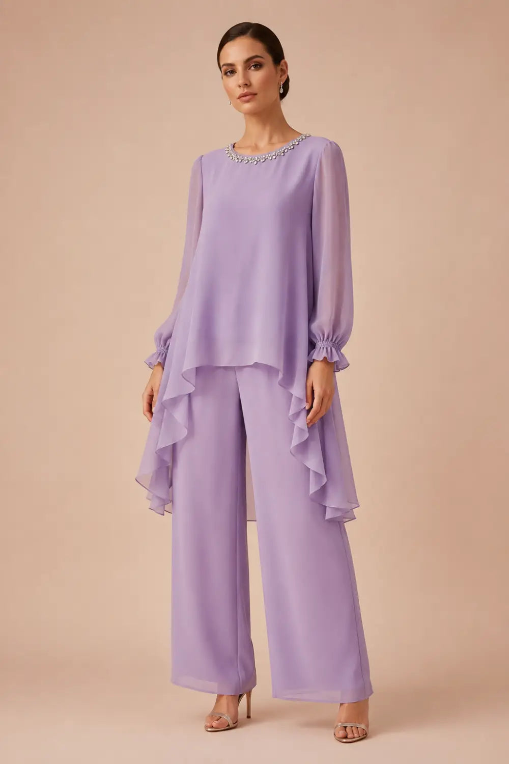 Ruffled Capelet Trouser Suit with Wide-Leg Trousers