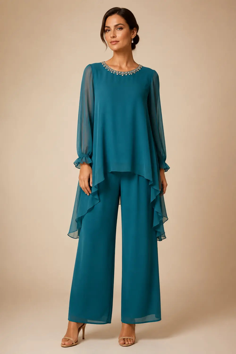 Ruffled Capelet Trouser Suit with Wide-Leg Trousers