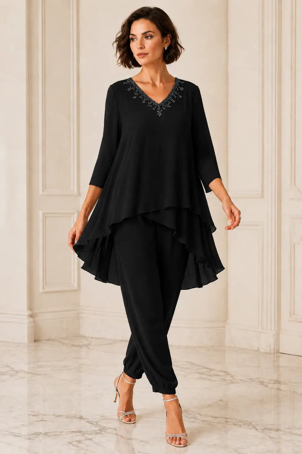 Ruffled Layered Capelet Trouser Suit