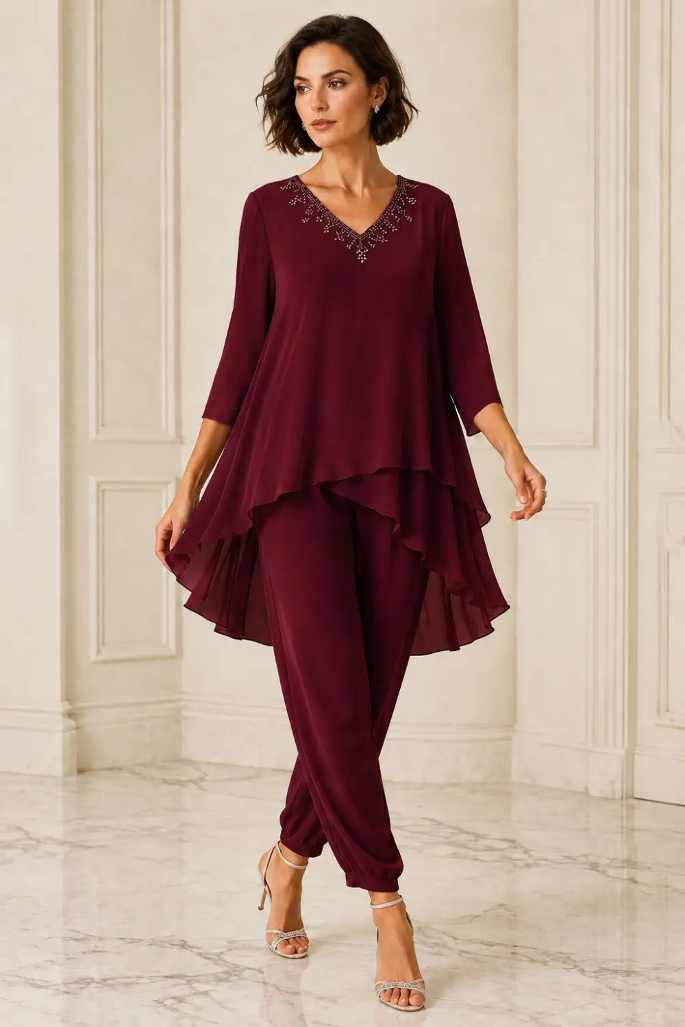 Ruffled Layered Capelet Trouser Suit