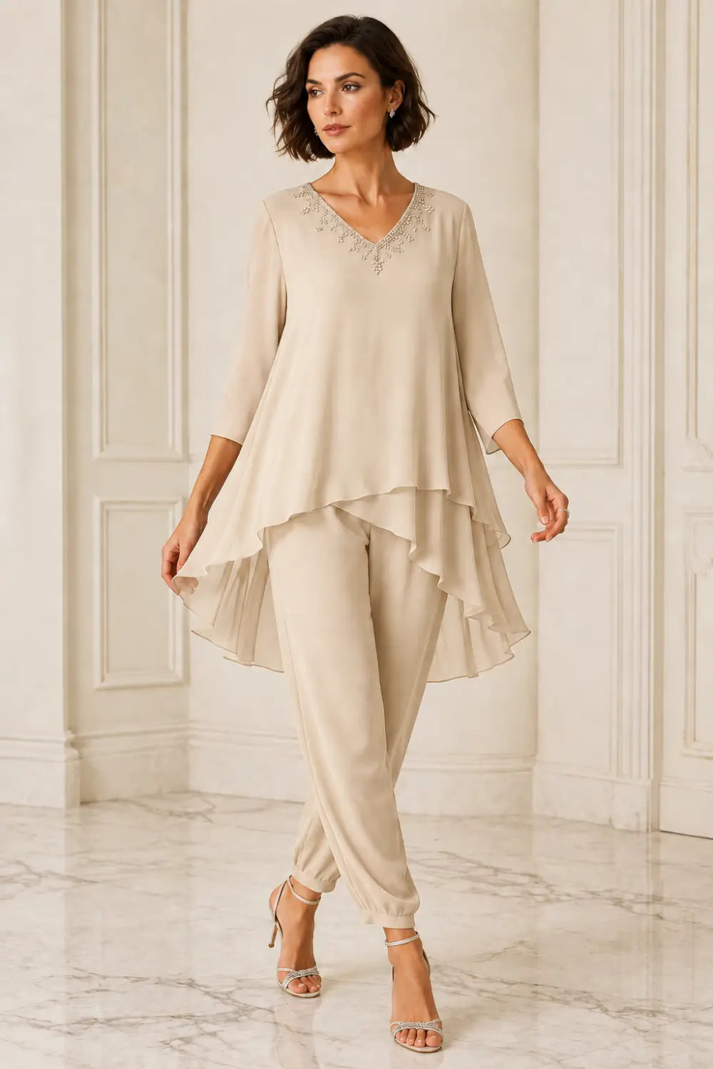 Ruffled Layered Capelet Trouser Suit