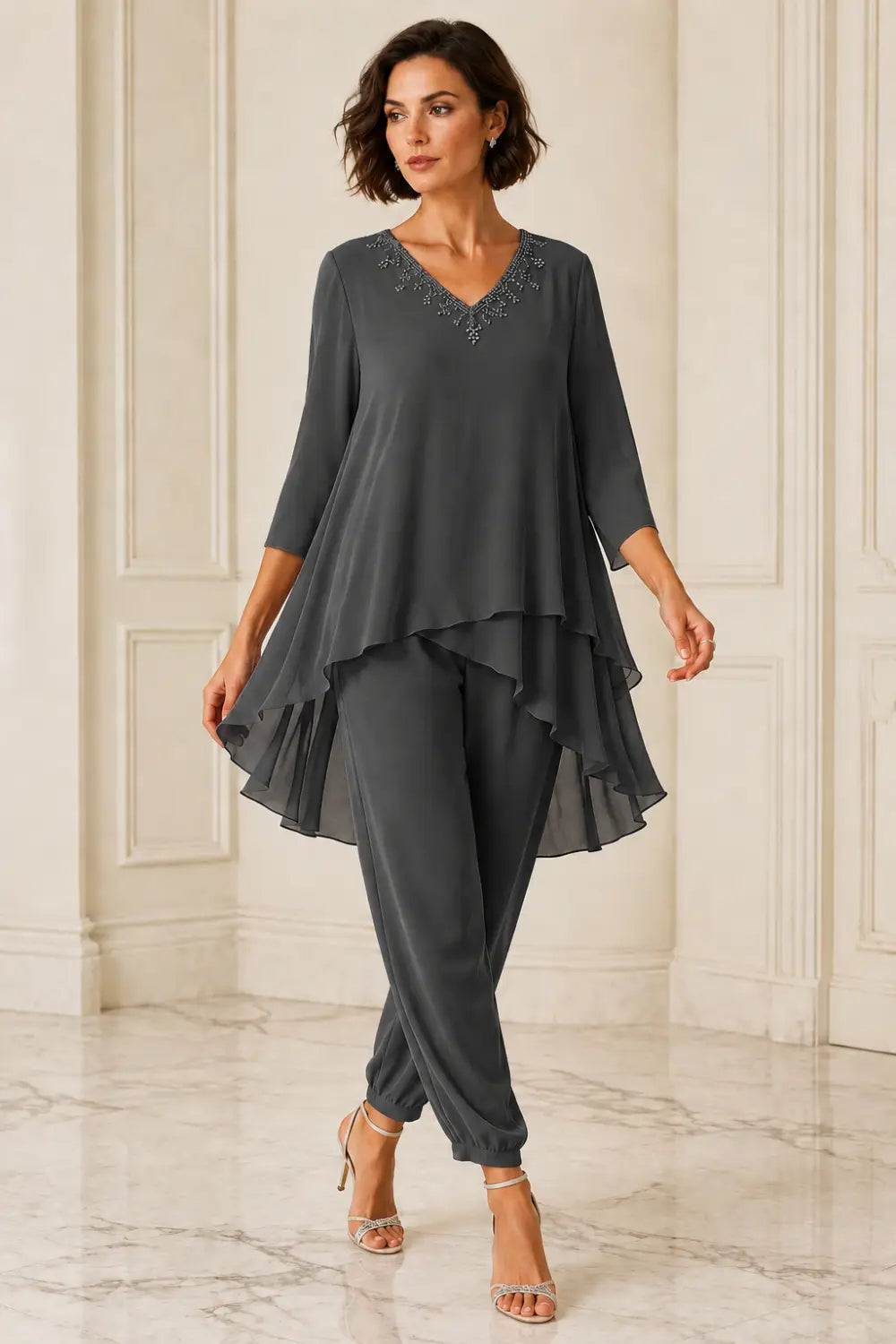 Ruffled Layered Capelet Trouser Suit