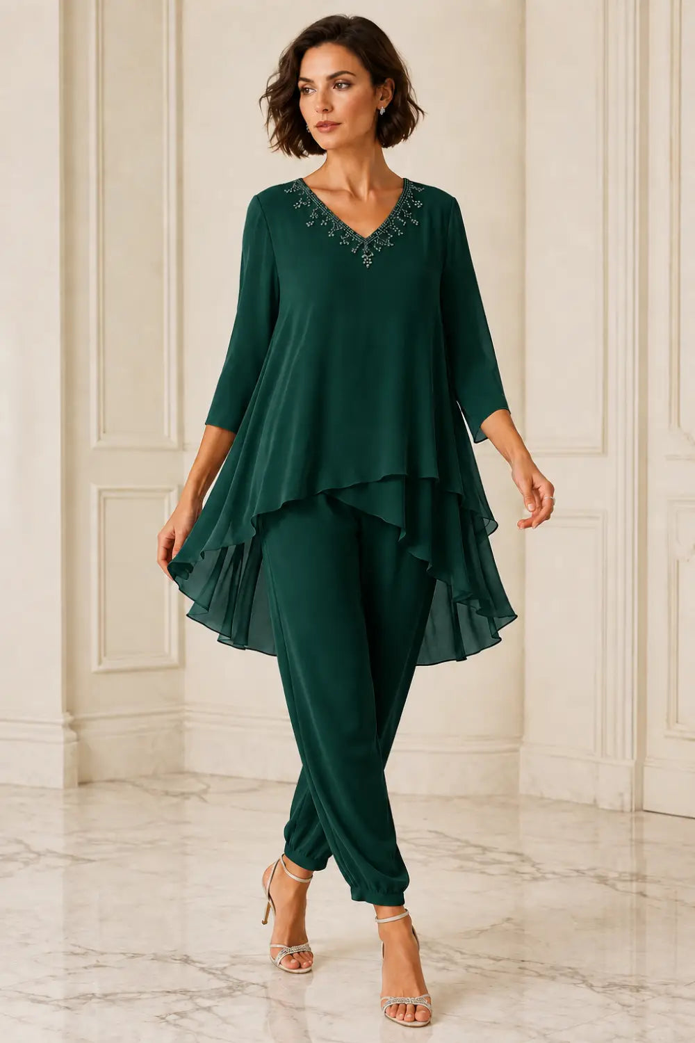 Ruffled Layered Capelet Trouser Suit