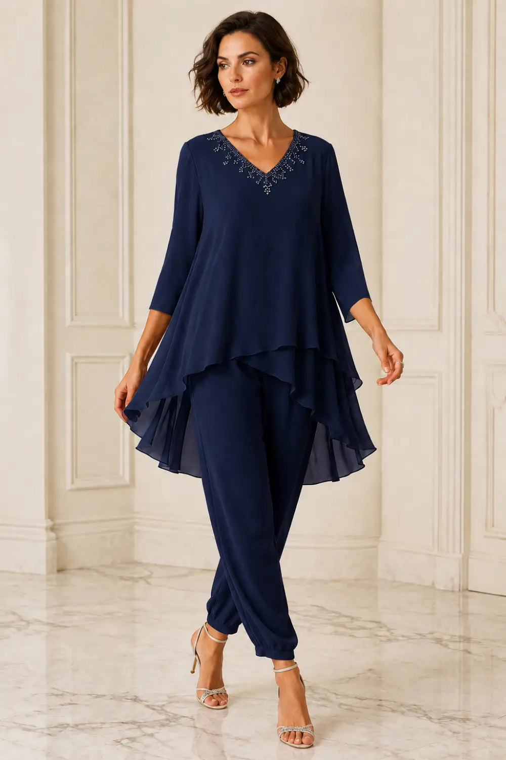 Ruffled Layered Capelet Trouser Suit