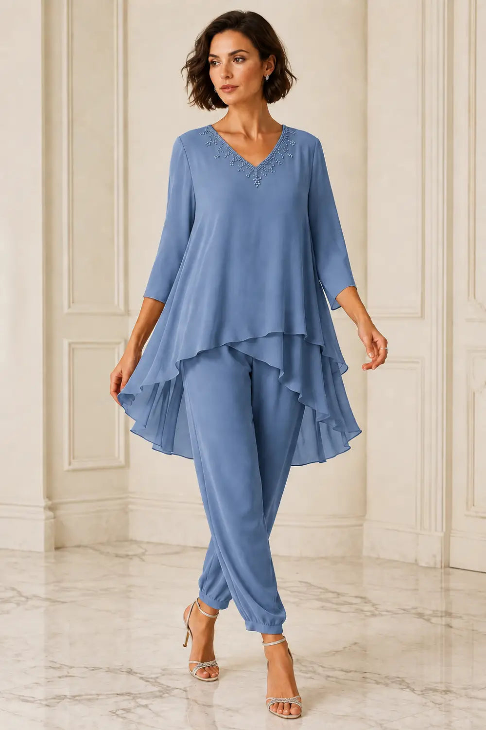 Ruffled Layered Capelet Trouser Suit