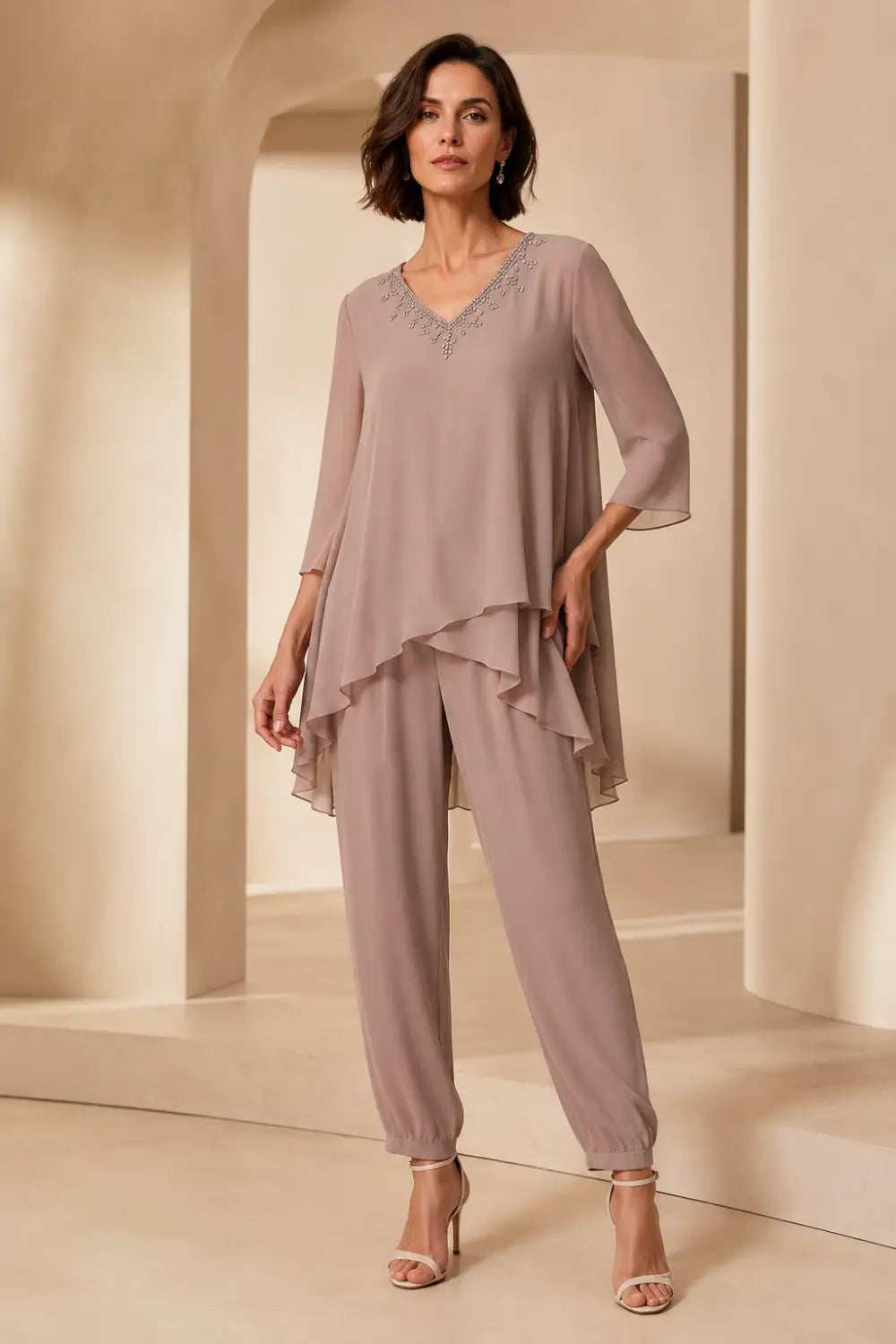 Ruffled Layered Capelet Trouser Suit