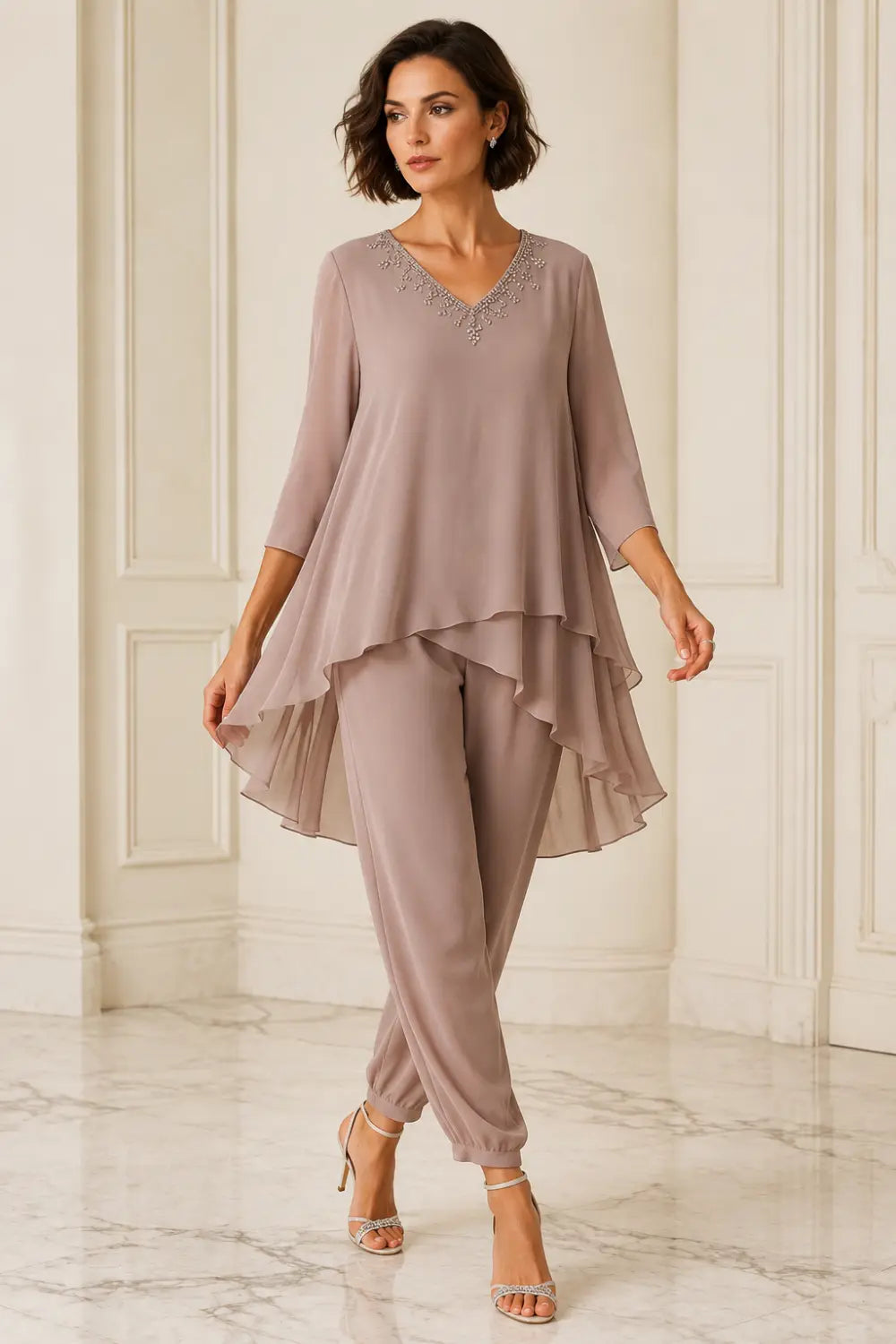 Ruffled Layered Capelet Trouser Suit