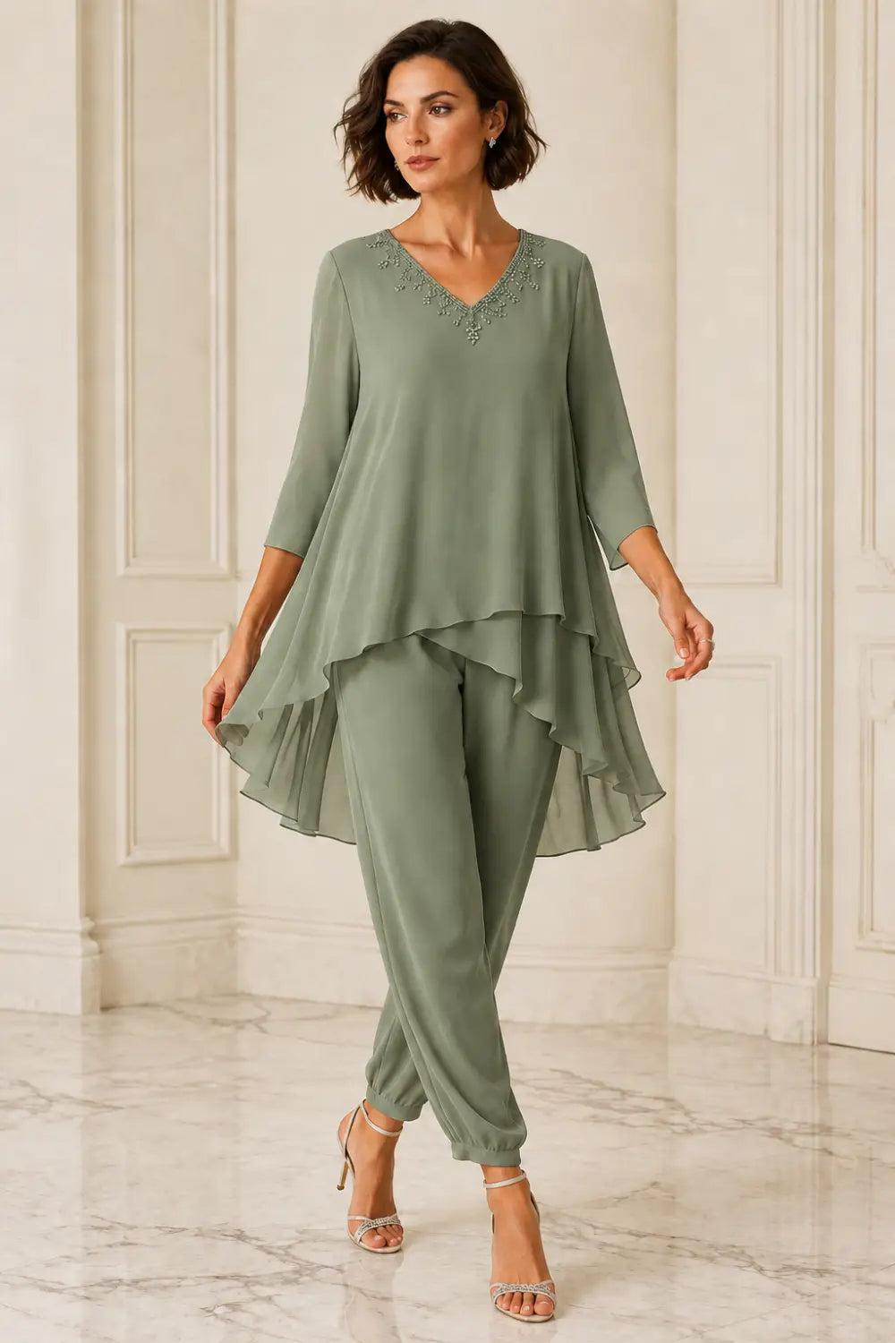 Ruffled Layered Capelet Trouser Suit