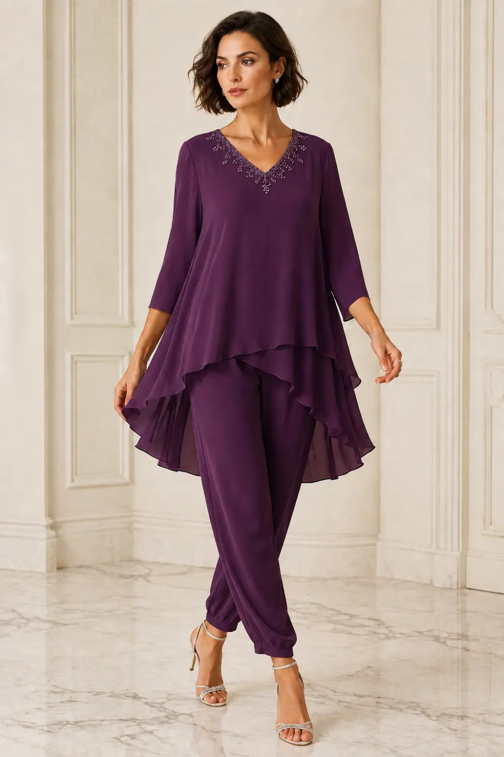 Ruffled Layered Capelet Trouser Suit