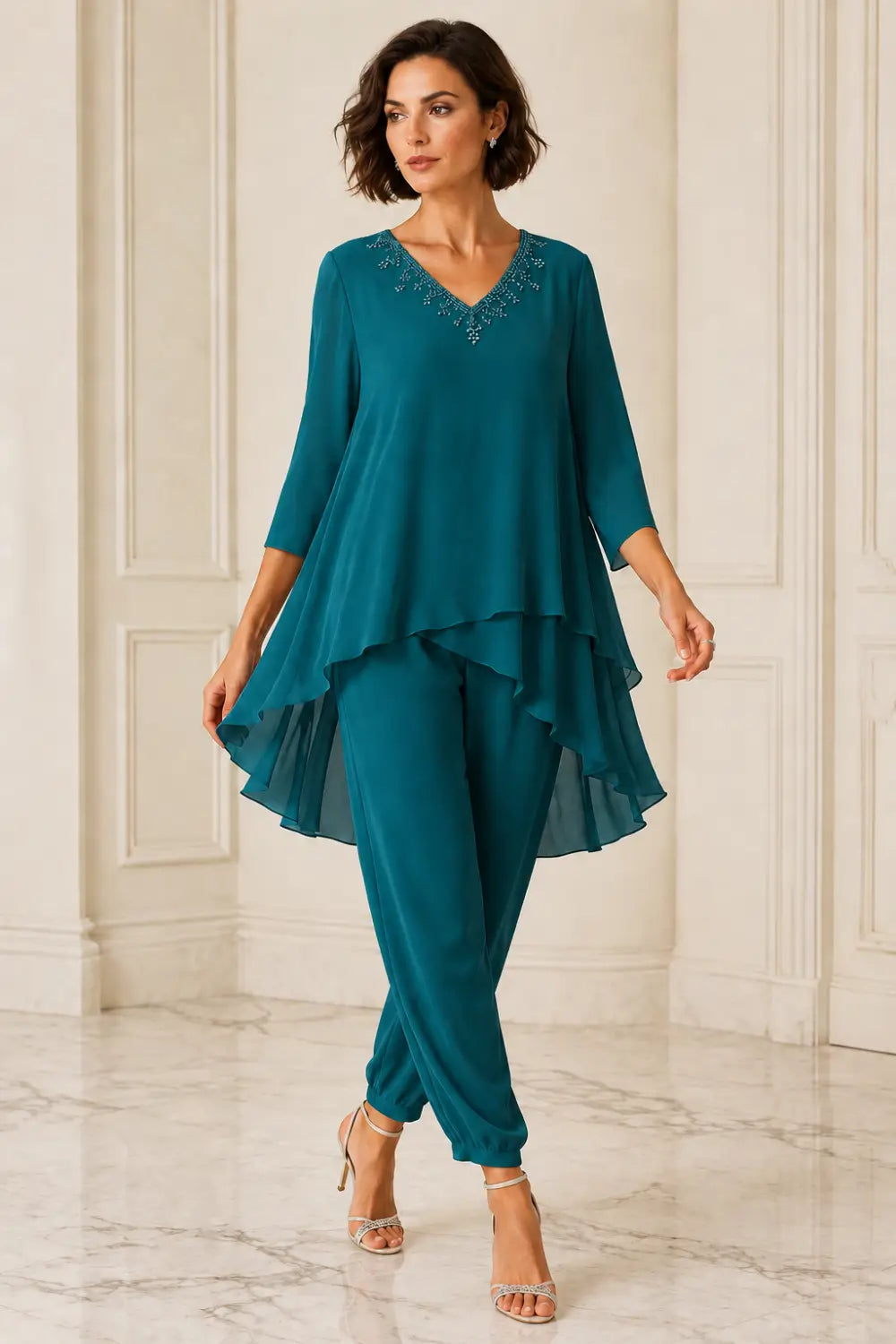 Ruffled Layered Capelet Trouser Suit