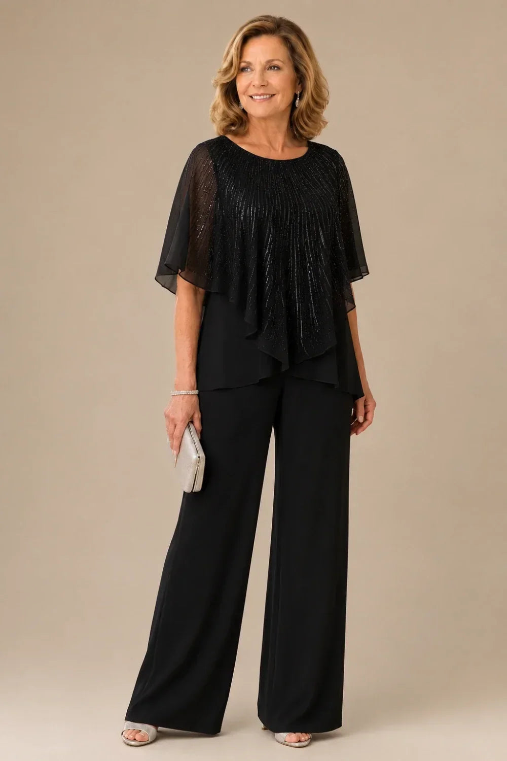 Sequin Capelet Trouser Suit with Wide-Leg Trousers