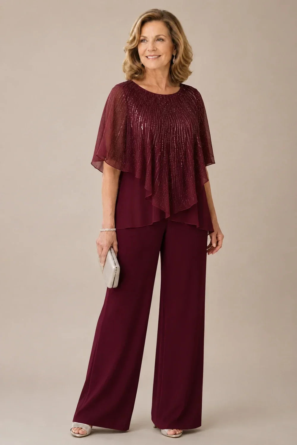 Sequin Capelet Trouser Suit with Wide-Leg Trousers