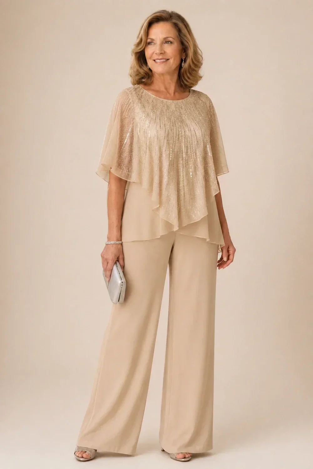 Sequin Capelet Trouser Suit with Wide-Leg Trousers