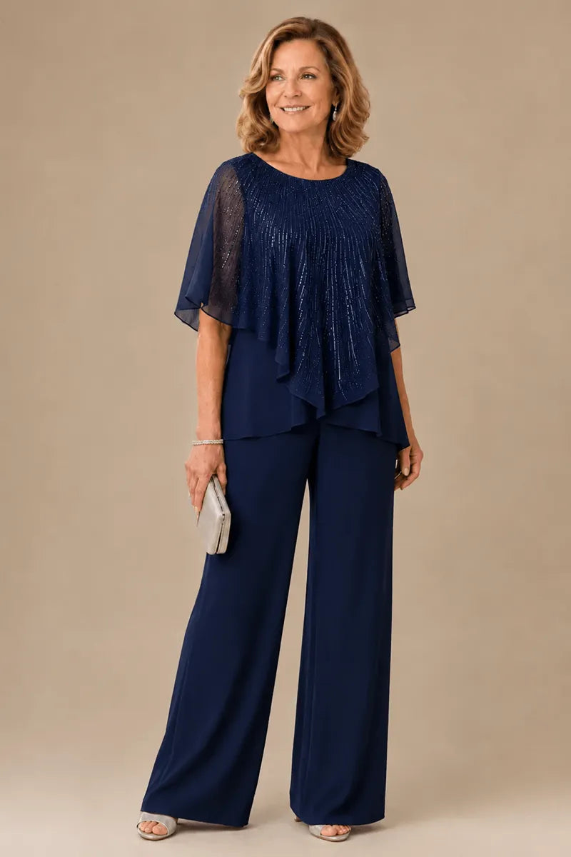 Sequin Capelet Trouser Suit with Wide-Leg Trousers