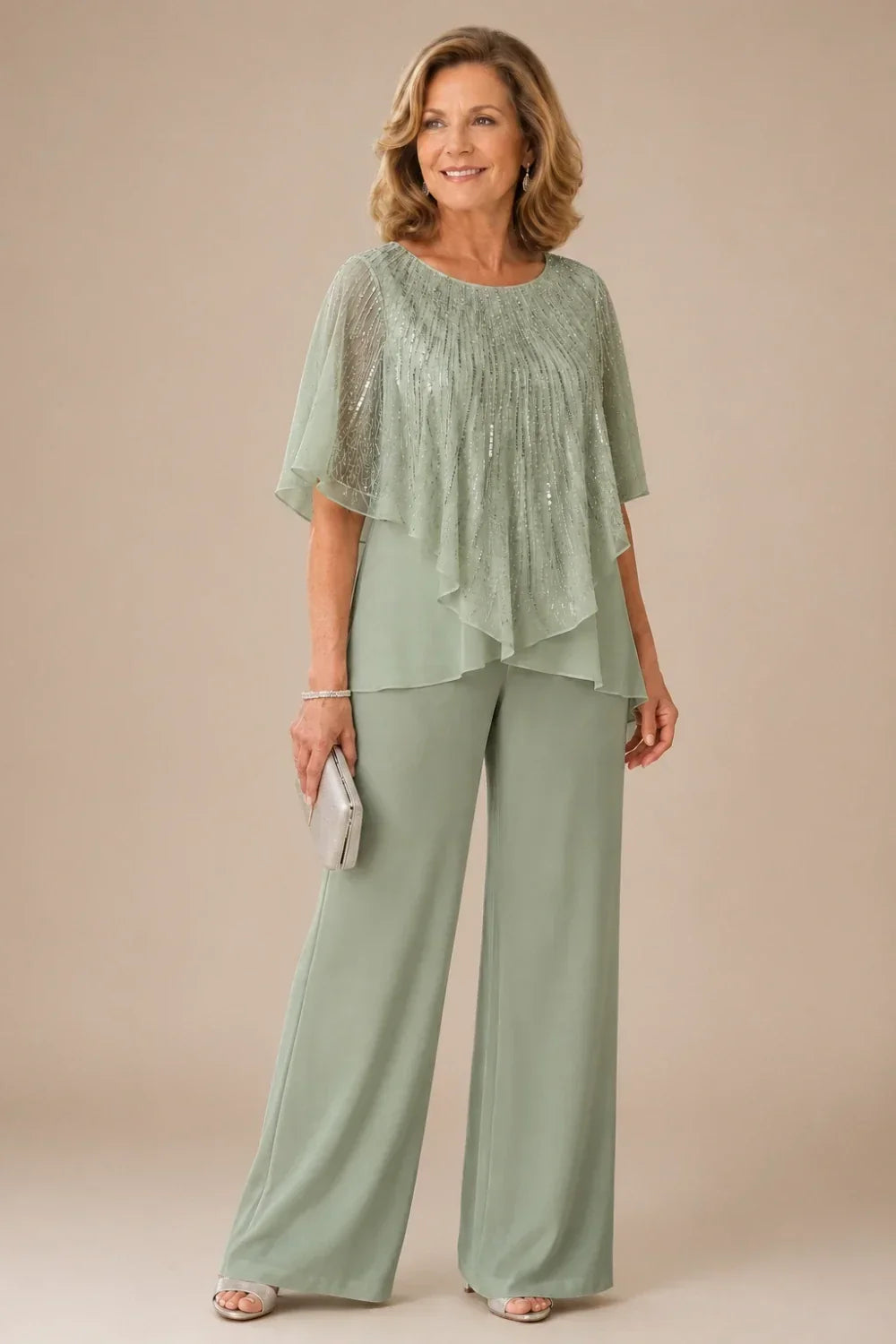 Sequin Capelet Trouser Suit with Wide-Leg Trousers