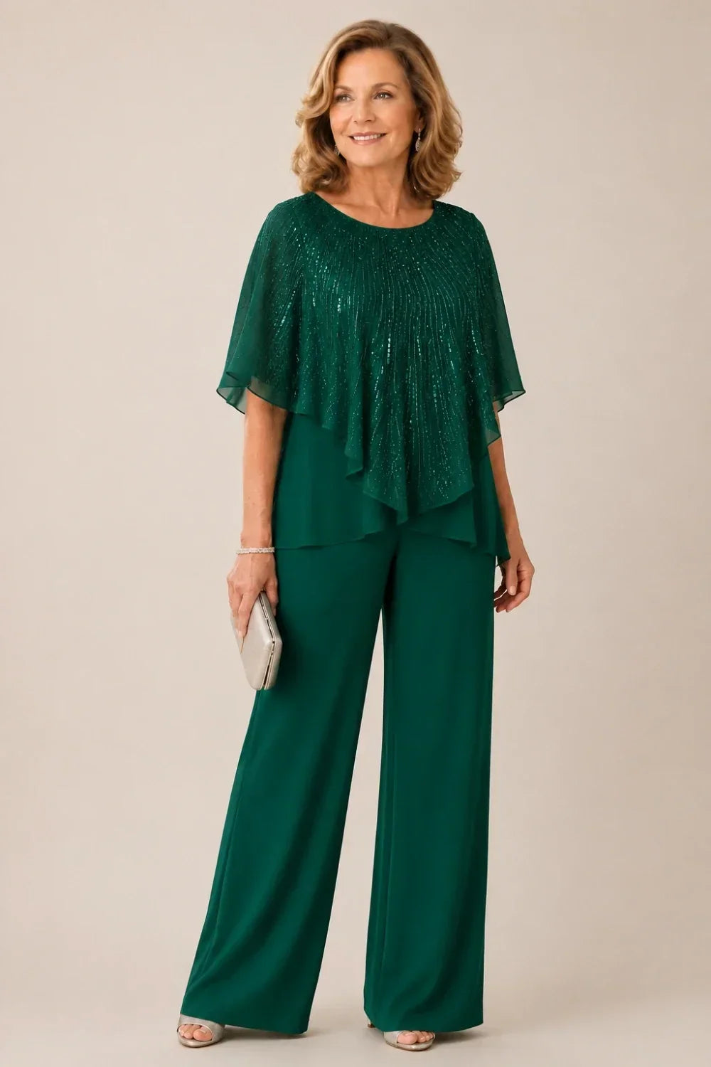 Sequin Capelet Trouser Suit with Wide-Leg Trousers